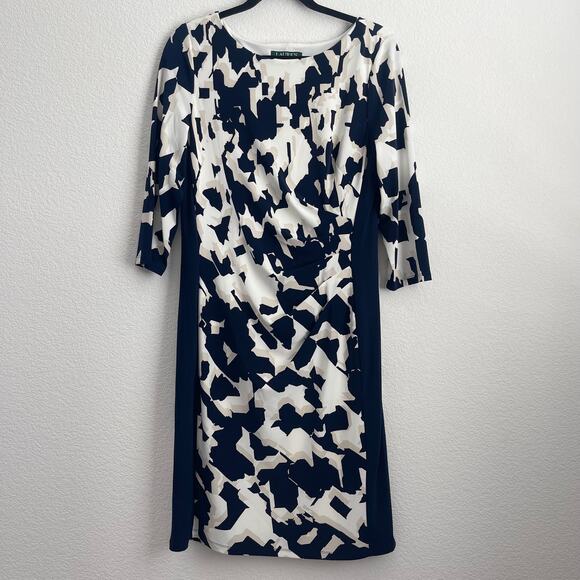 Lauren Ralph Lauren Navy Abstract Print 3/4 sleeve Wiggle Sheath Dress Size 12 - Picture 1 of 13
